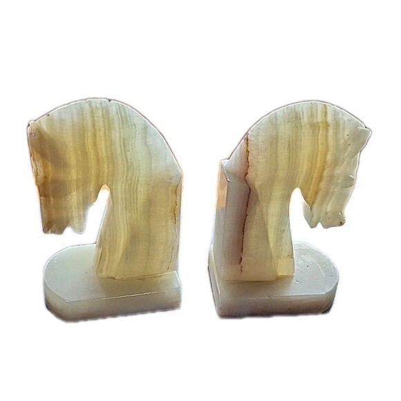 Vintage 5" Onyx Horse Head Equestrian Trojan Bookends Carved Stone Home Decor - Picture 2 of 14